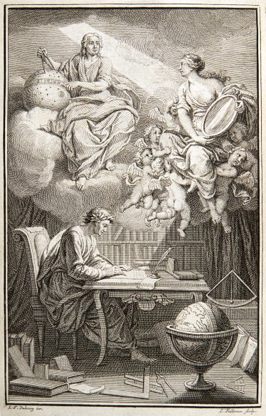 Cover engraving of Voltaire's book on the works of Isaac Newton, Éléments de la philosophie de Newton ("Elements of Newtonian Philosophy") of 1738